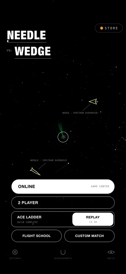 Needle vs Wedge main menu with a duel around the star